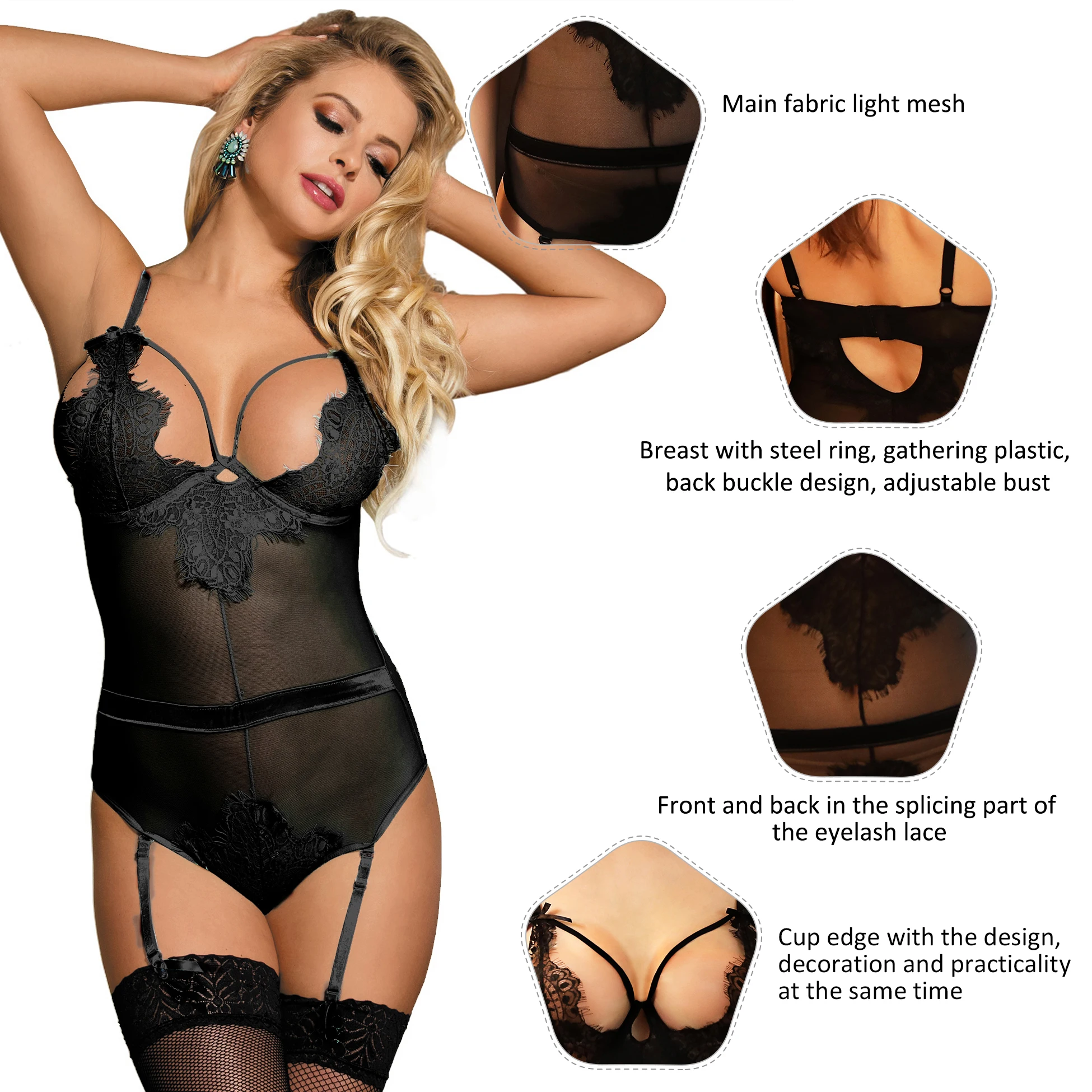 Factory in Stock Wholesale Plus Size Ladies Adult Sexy Lingeries Garter Eyelash Lace Uderwire Lingerie