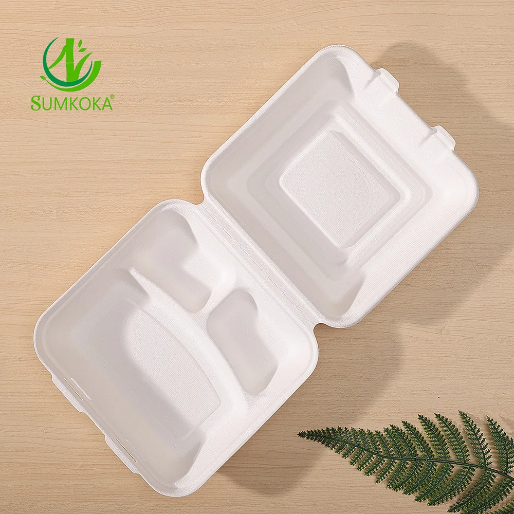 Sumkoka BPI Bagasse коробка для пищевых продуктов раскладушка одноразовая 3-х отсекная 9-дюймовая контейнер