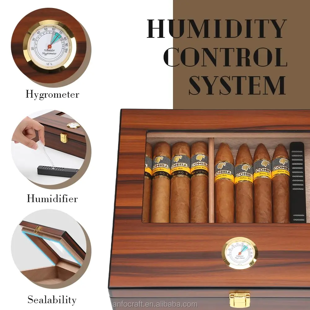 Spanish Cedar Tray Divider Humidifier Wooden Glass Top Cigar Box with Hygrometer Gift for Men Holding Cigars