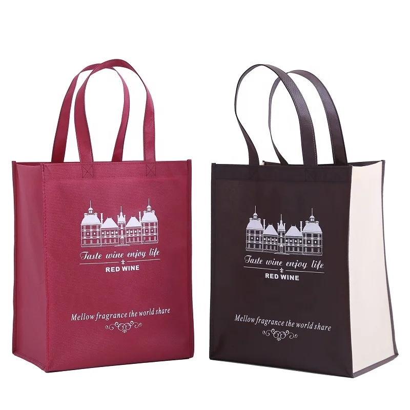Promotional custom logo printed reusable non woven grocery tote wine bags for 1 bottle, 2 bottle and 4 bottles