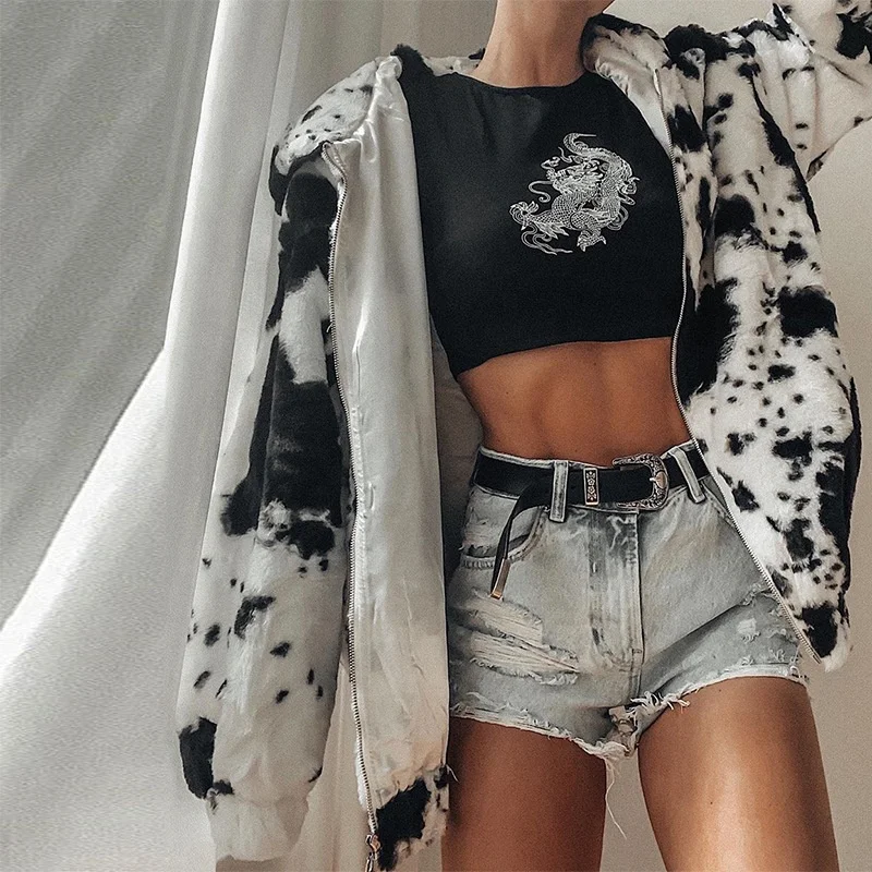 
New Arrival winter black and white cow pattern Hooded rabbit fur cardigan sweater fur coats for woman trendy 