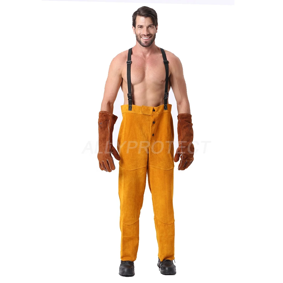 Golden Leather Heat Resistant Cut-Proof Gallus Work Pants Leg Protection For Welding Heavy Work