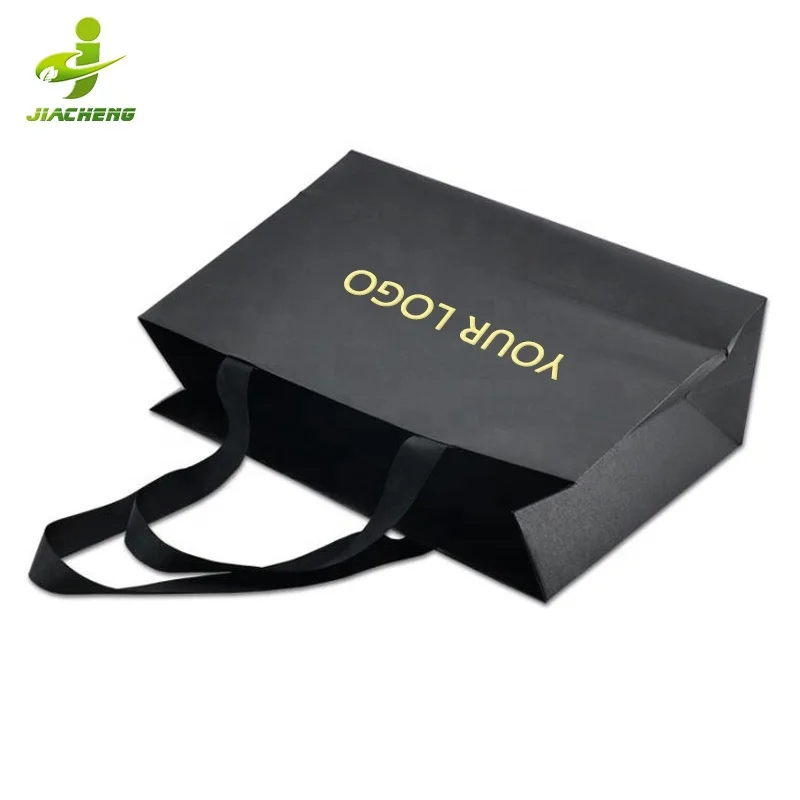 Custom Printed Personalized Brand Logo Premium Black Clothing Retail Gift Paper Shopping Bag With Ribbon Handles