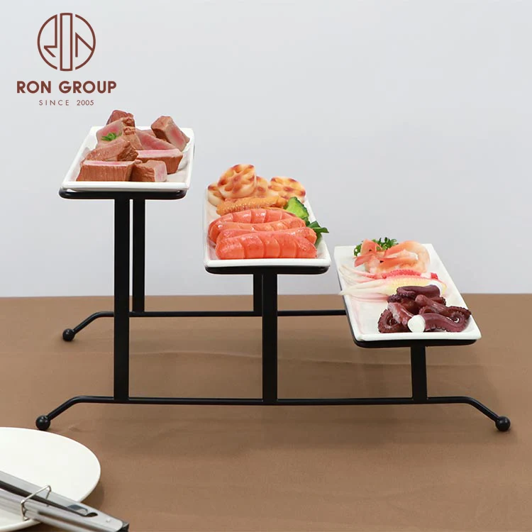 Restaurant hotel catering party tools snack 3 tier ceramic dish with iron rack serving fruit buffet food display stand