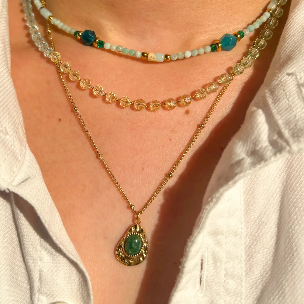 Yoga Energy African Jade Beads Choker Necklace Stainless Steel Link Chain White Crystal Natural Stone Pendant Necklace