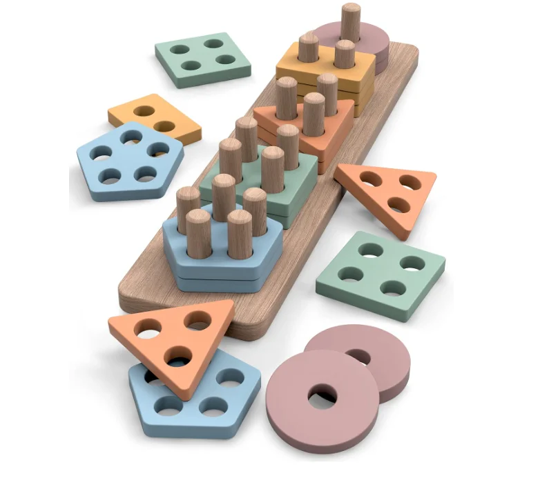 W177 Montessori Toys  Shape Sorter and Color Stacker Preschool Kids Wood Gifts