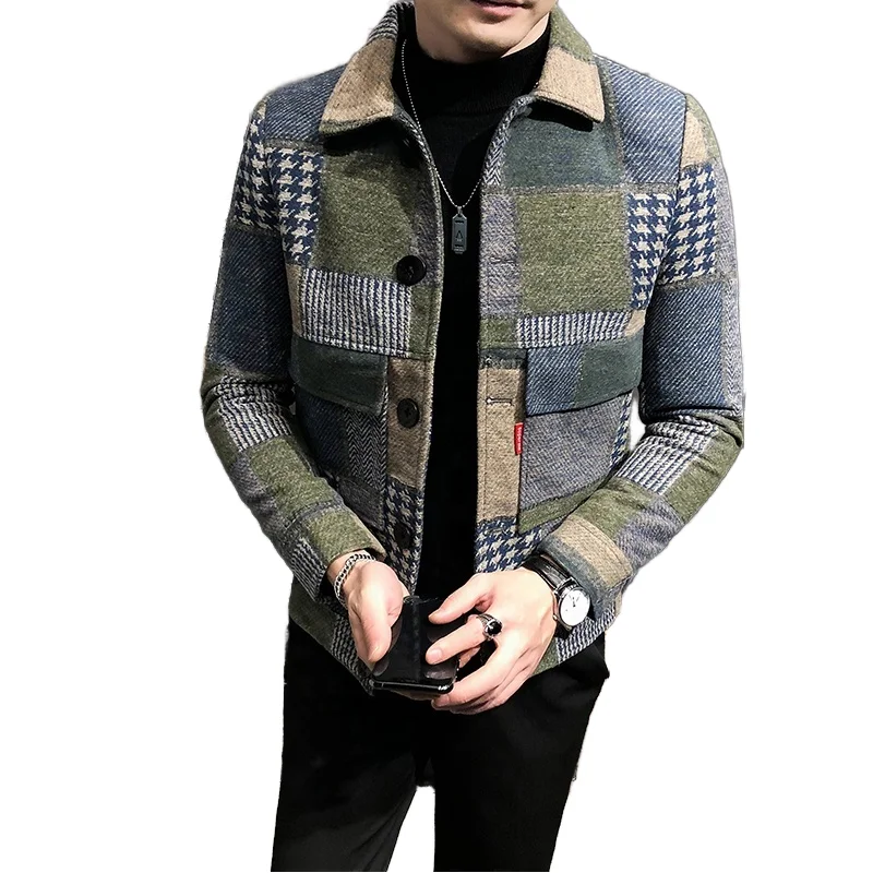 TONGYANG Autumn and Winter New Plaid Woolen Jacket Korean Style Fashion Slim Fit Casual Jacket For Men Lapel Jacket Woolen Coat
