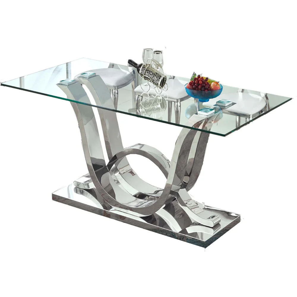 Прямоугольное прозрачное закаленное стекло и хромированное полированное металлическое обеденное из нержавеющей