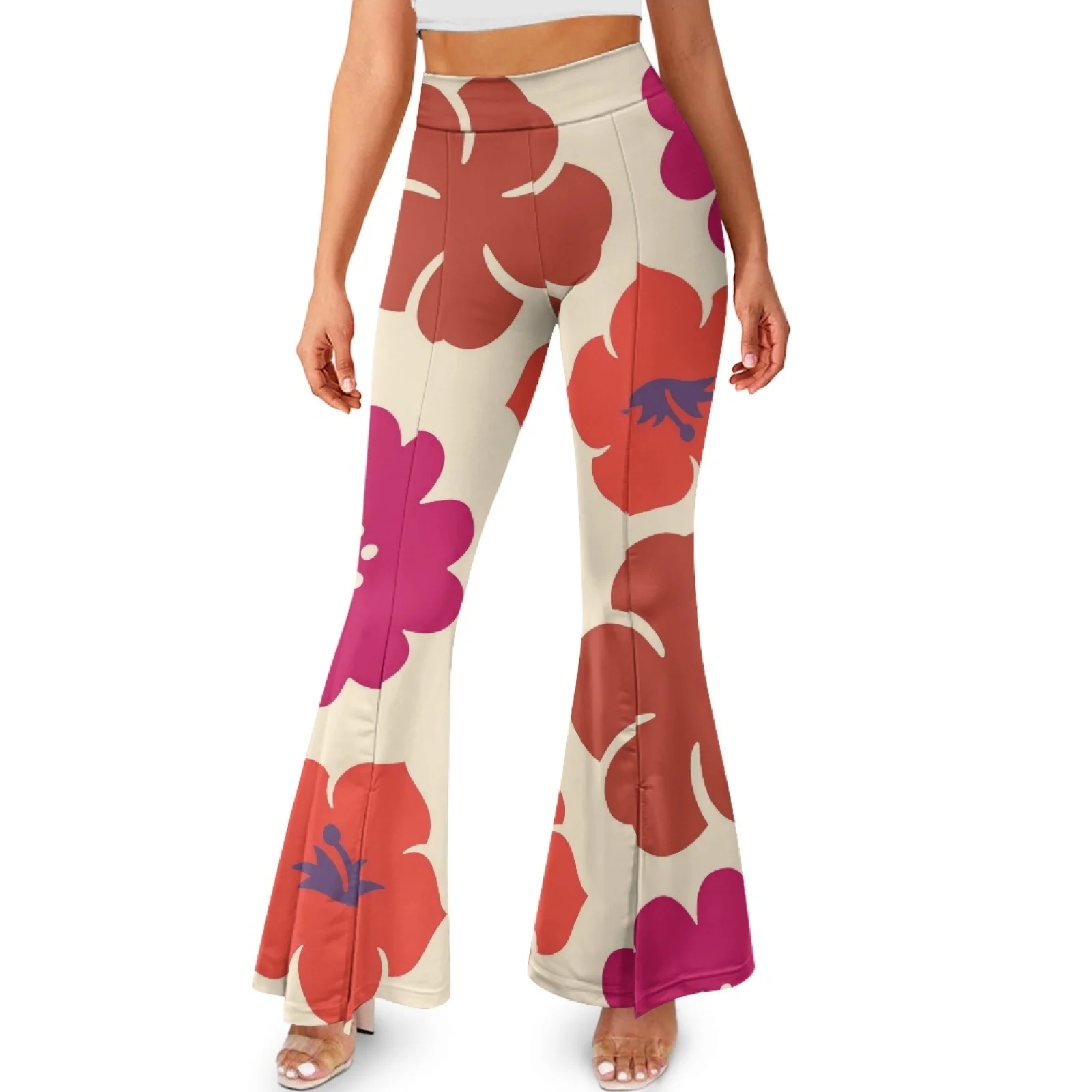 Sublimation Hibiscus Flowers High-waisted Flare Yoga Pants Leggings Loose Flare Pants Slit Yoga Leggings Casual Trousers Tights