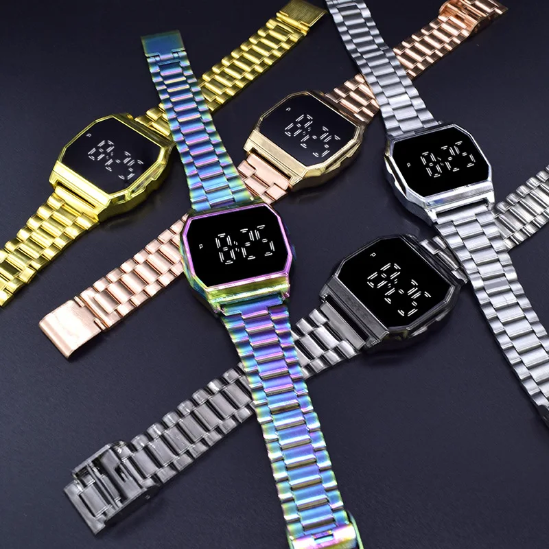 Spot direct metal steel belt LED watch square electronic watch foreign trade men and women touch watch