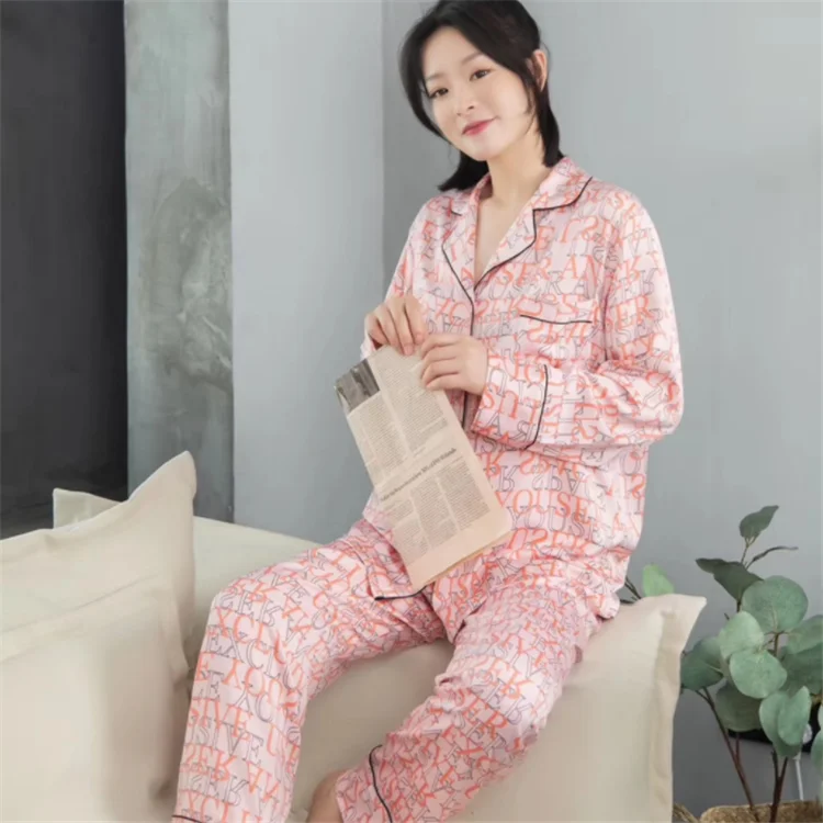 Women Two Pieces Silk Pajama Set Letter Print Silk Sleepwear Satin Pajama Short Sets For Women Custom Silk Pyjamas