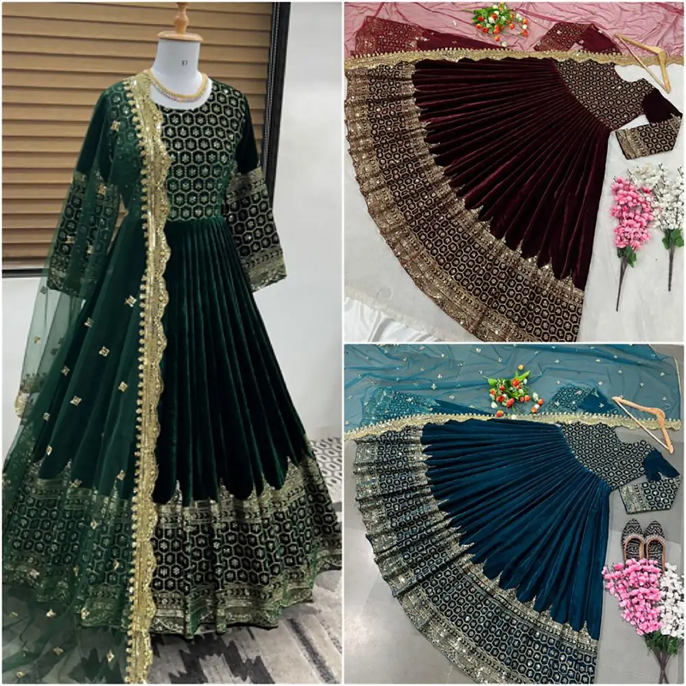 New Designer Party Wear Heavy Viscos Velvet With Heavy Embroidery Sequin Work Gown With Dupatta Anarkali Suit at Low Price