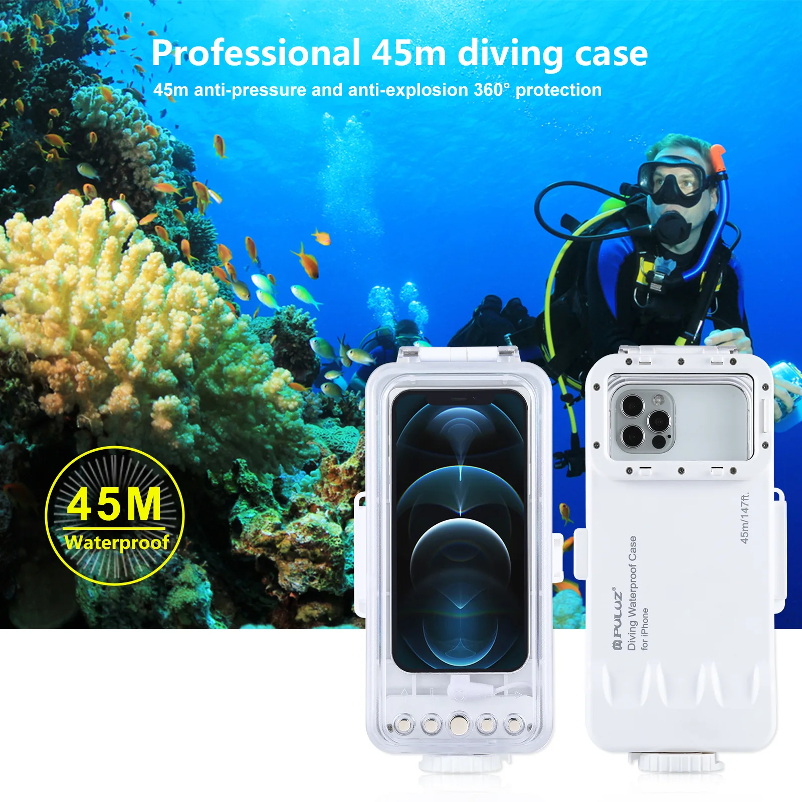 PULUZ 45m/147ft Waterproof Diving Housing Photo Video Taking Underwater Cover Case for iPhone 13/12 Pro White