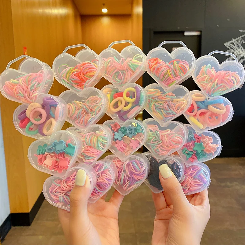 GIRLIZE Heart Box Children Cute Cartoon Flower Hair Clip Set Silicone Towel Hair Tie Rubber Bands Kids Hair Accessories