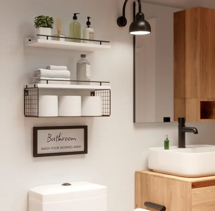 Wood Floating Bathroom Shelves over Toilet Rustic Floating Shelf for Wall Decor with Toilet Paper Storage Basket Set of 3