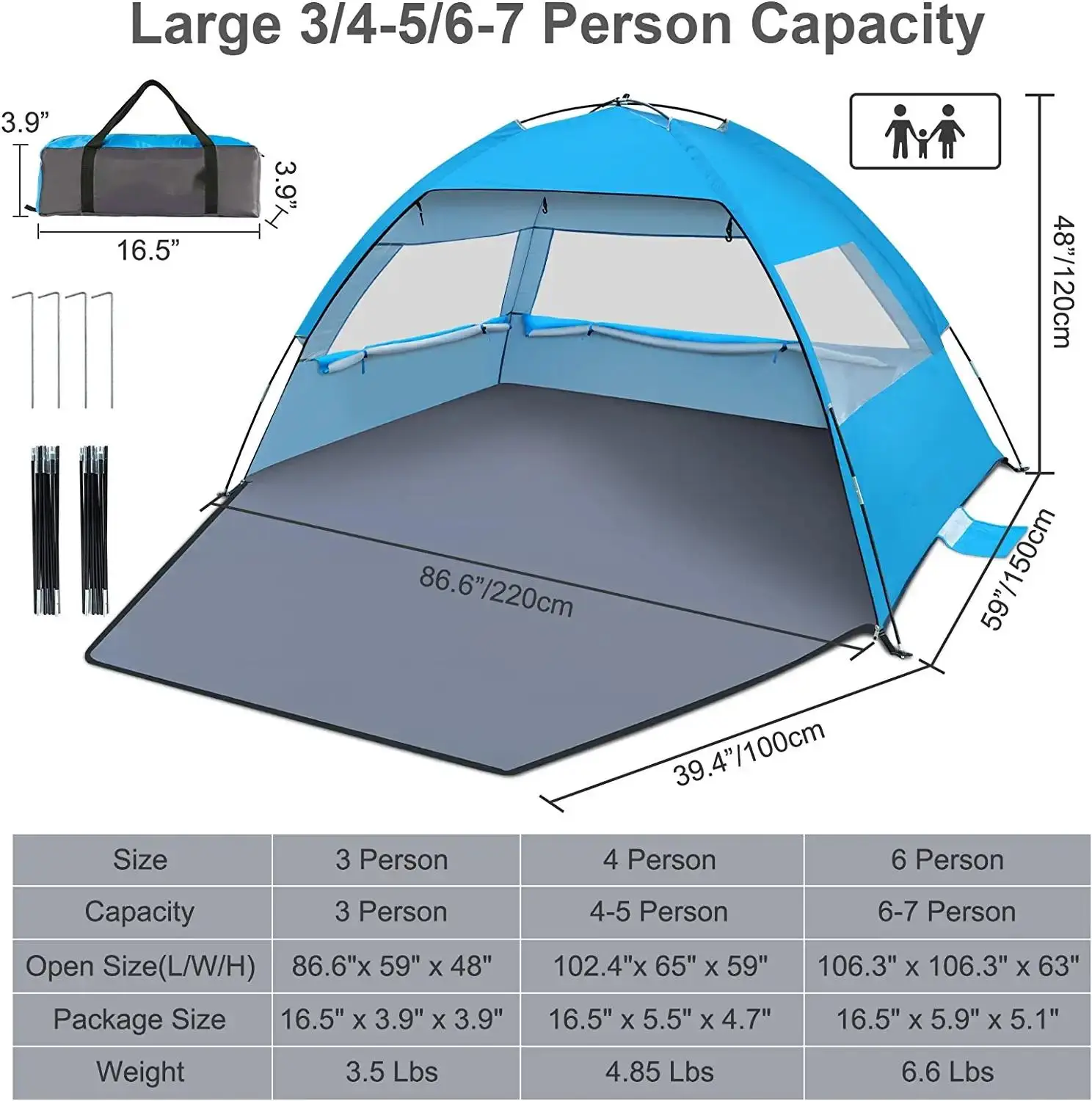 NPOT Beach Tent with UPF 50+ UV Protection Portable Beach Tents Sun Shelter Canopy Lightweight & Easy Setup for 3-4/5-6person
