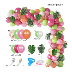 Hawaii Tropical Style Carnival Summer Holiday Palm Leaves Green Fuchsia Fruit Pitaya Color Latex Balloon Garland Arch Set