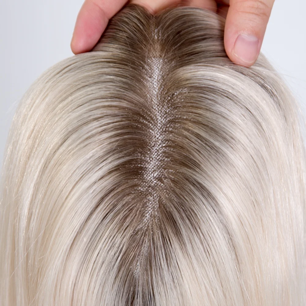 MT-5 High Quality European Human Hair Toppers roots blonde color full hand tied mono base hair toppers for thinning hair