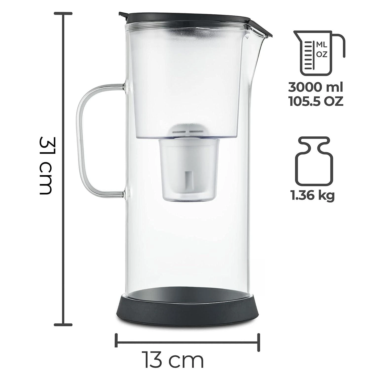 2.7L Glass Water Filter Pitcher Large Filtered Water Jug Water Filtering Pitcher