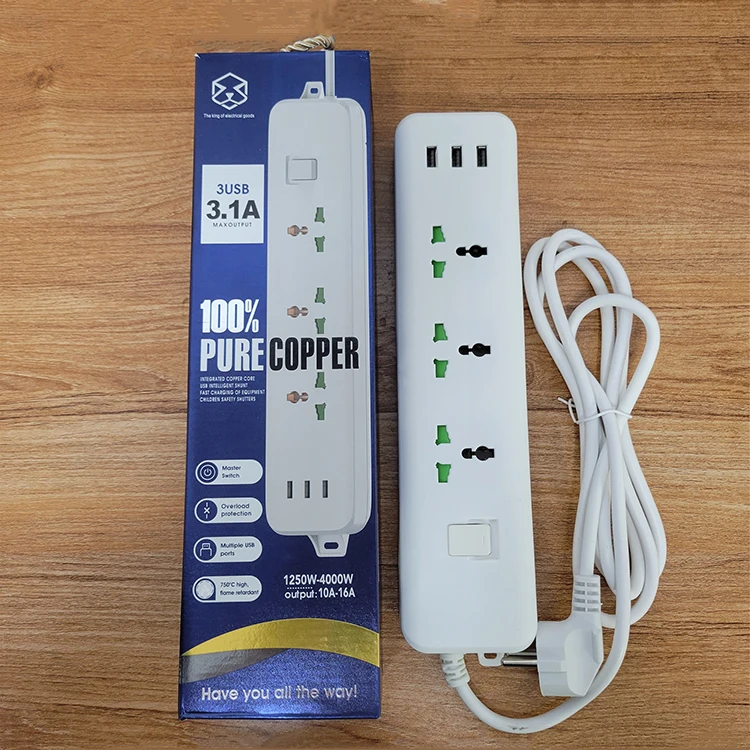 10A 2500W  110-250V 2-meter long universal hole outlet power strip with 3 USB ports for household use