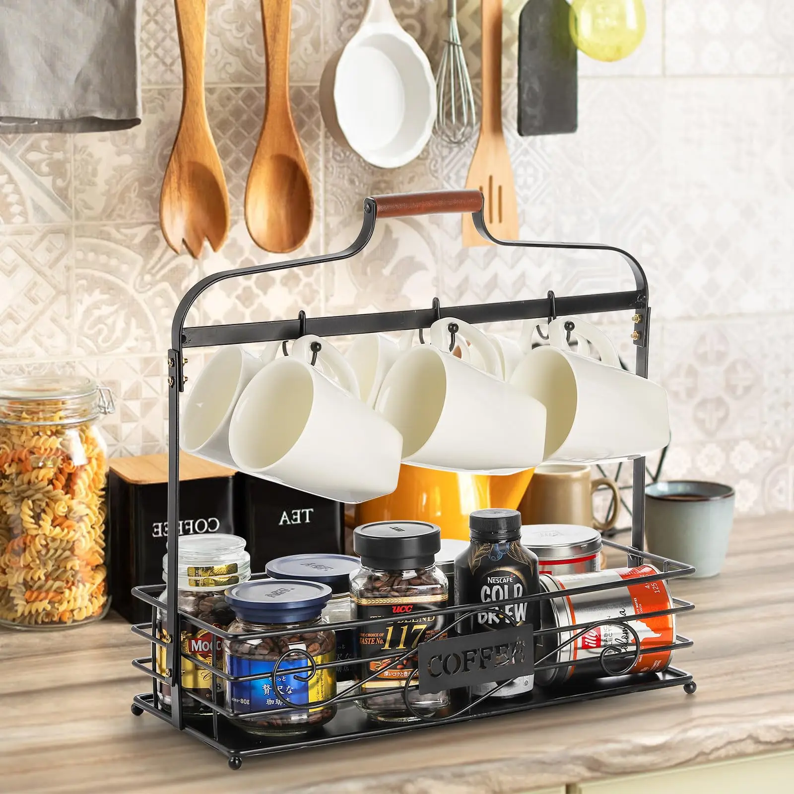 Coffee Mug Holder with Removable Hooks, 6 Coffee Cup Organizer for Countertop, Metal Coffee Pod Storage Spice Rack Stand