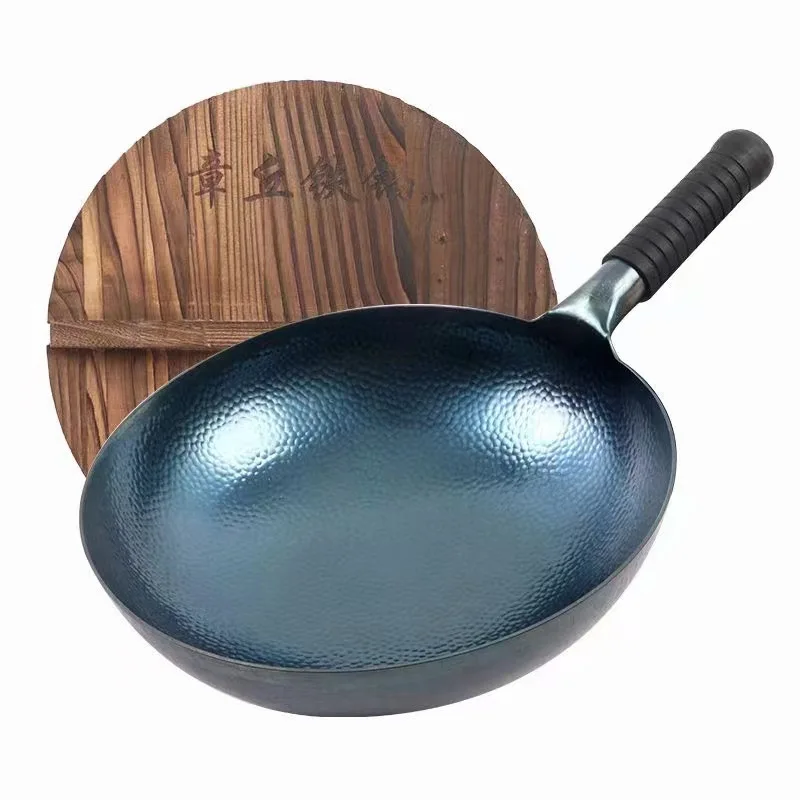 Hand Hammered Carbon Steel Wok Pan with Wooden Lid and 6 Cookware Accessories nonstick noncoating