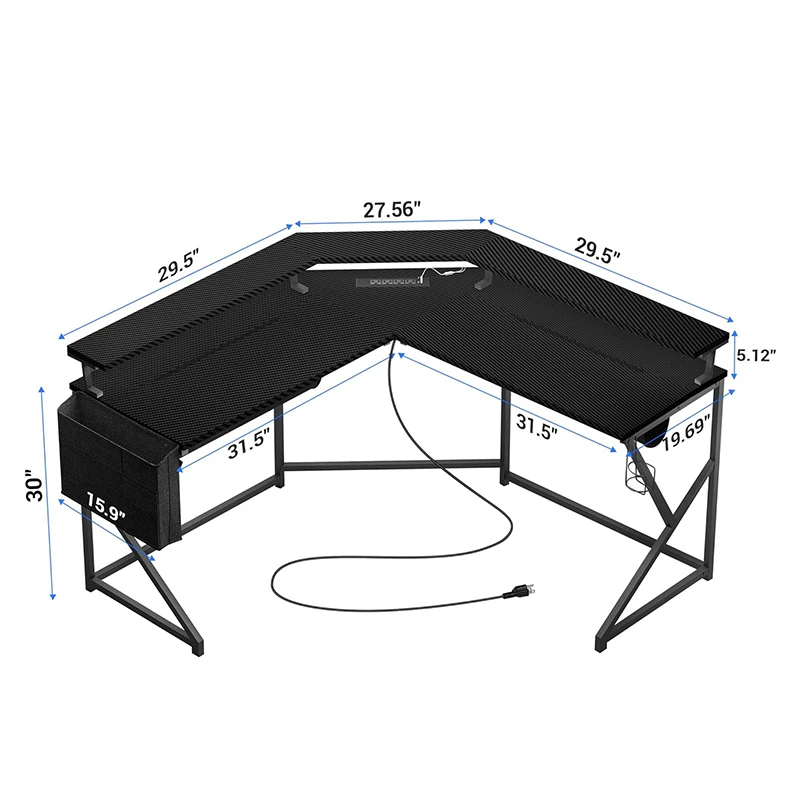L Shaped Large Desktop Black Gaming Desk with LED Lights & Power Outlets pc gamer gaming table for home office
