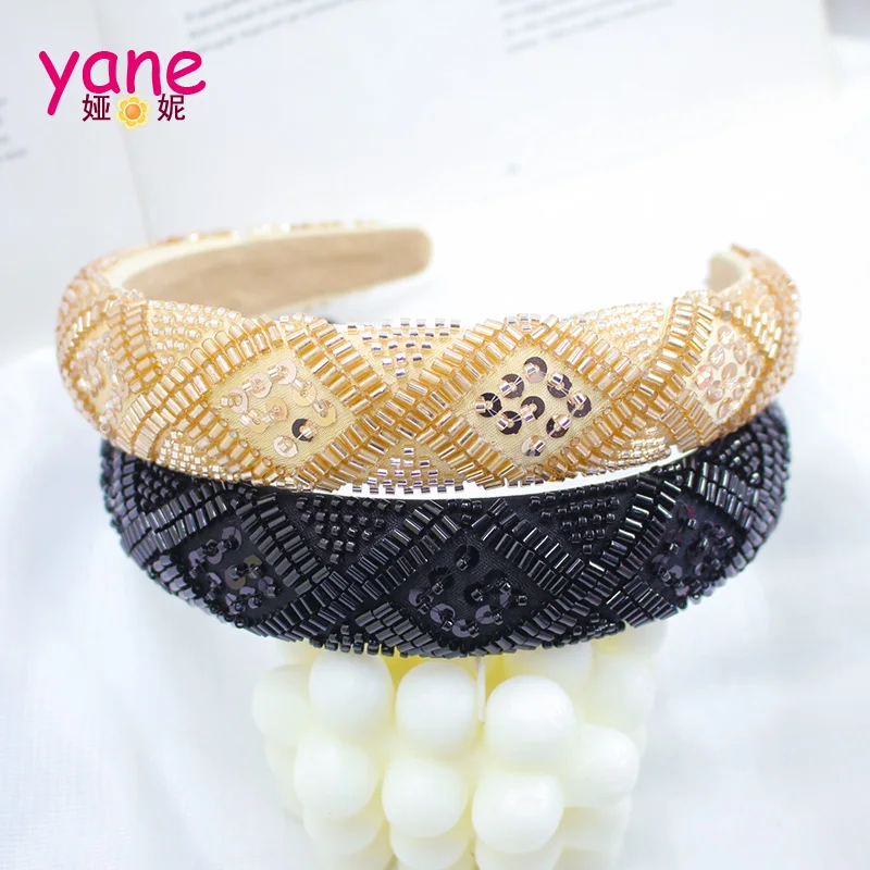 Handmade beaded headband with fashionable plaid sequins hair bands  high-end feel party hair accessories