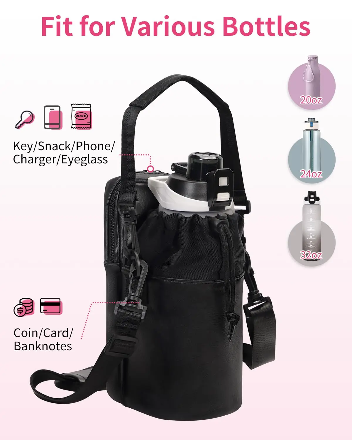Water Bottle Holder with Strap Insulated Water Bottle Carrier Crossbody Sling Bag with Phone Pocket for Hiking Walking