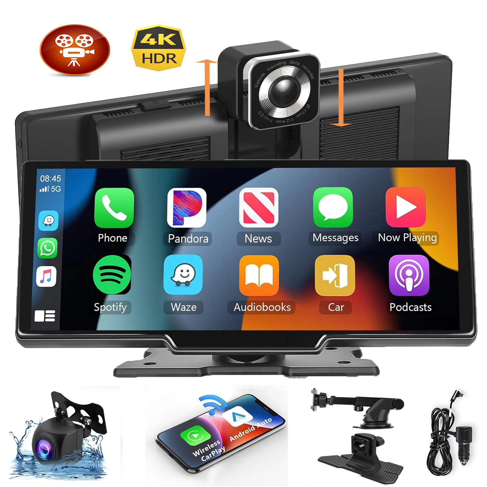 10.26 Inch Wireless CarPlay Monitor IPS Screen Android Auto Touch Screen WIFI FM BT 5.0 Rearview Dash Cam Multimedia Player AUX
