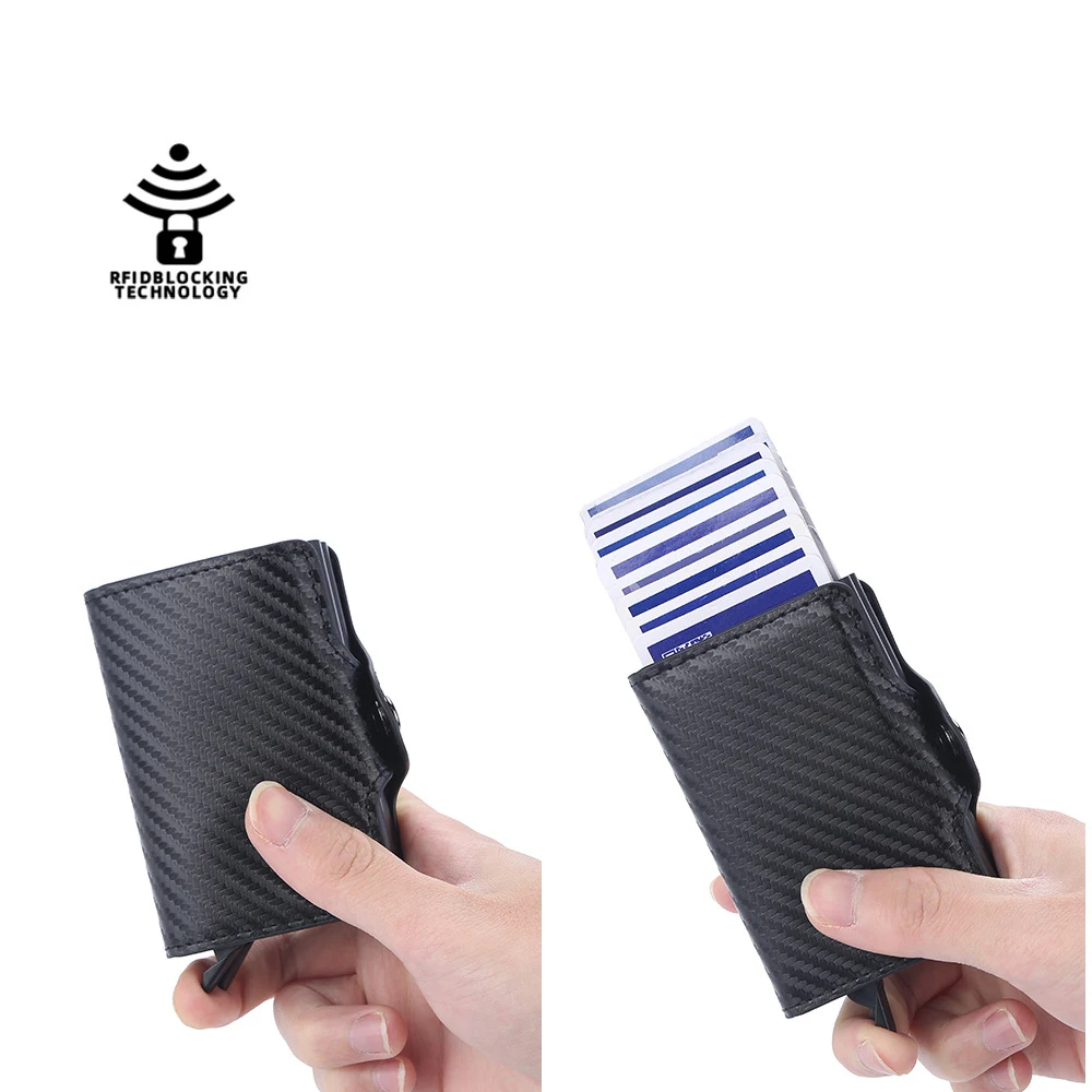 New Fashion RFID Automatic Bullet Double Layer Anti-theft Magnetic Buckle Carbon Fibre Card Holder
