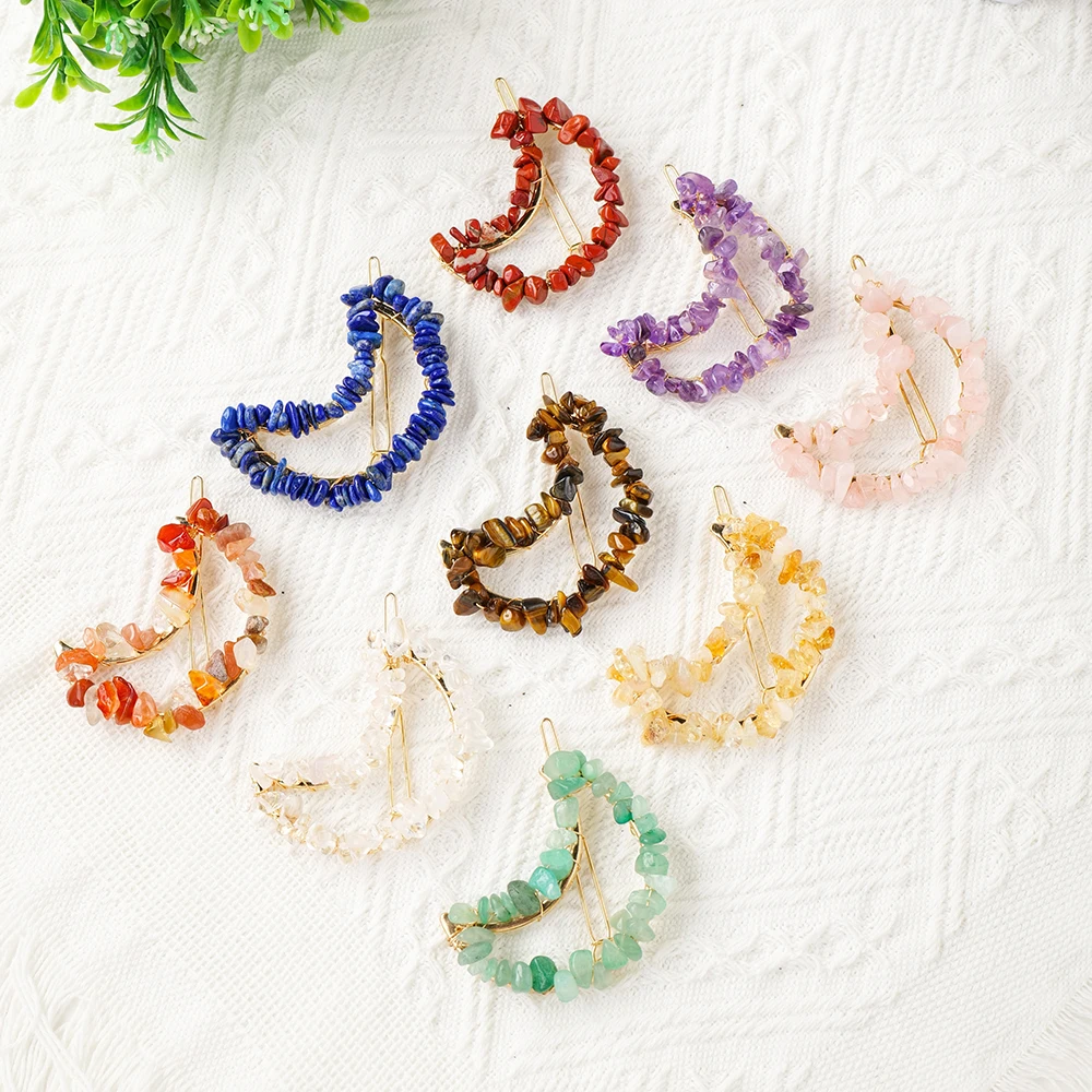 Women Girls Cute Colorful Natural Stone Crystal Gravel DIY Moon Hairpin Decoration Sweet Hair Clips Fashion Hair Accessories
