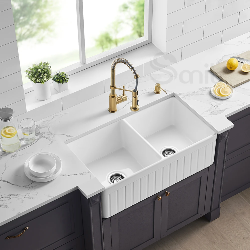 CUPC Fireclay Двойная чаша кухонная раковина фермерский фартук передний смеситель современная белая керамическая 33