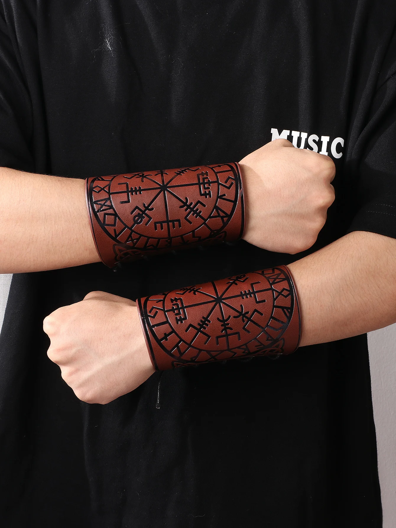 Viking Compass Embossed Jormungandr Leather Arm Armor, Viking Arm Gauntlet Bracer