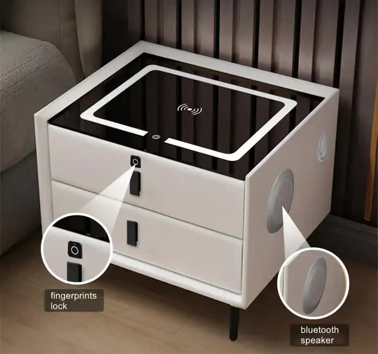 modern smart night stand with LED USB wireless charging fingerprint unlock plug base bedroom bedside table rock play music