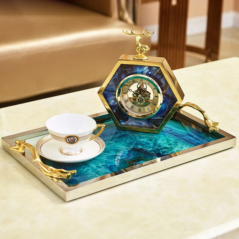 Table luxury decoration  blue agate glass servuing tray with golden handles sample display metal tray