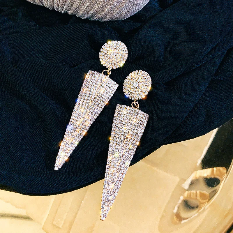 fashion 11cm triangle gold big crystal drop earrings