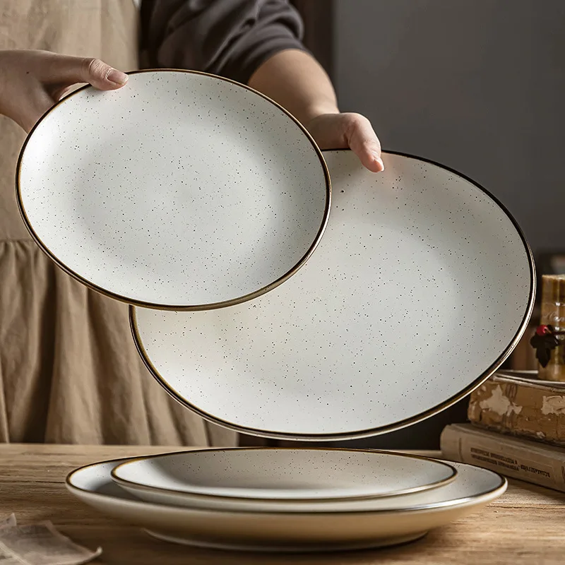 Exquisite custom simple gold stroke ceramic dinner plate for modern wedding banquet hall event tableware catering camping