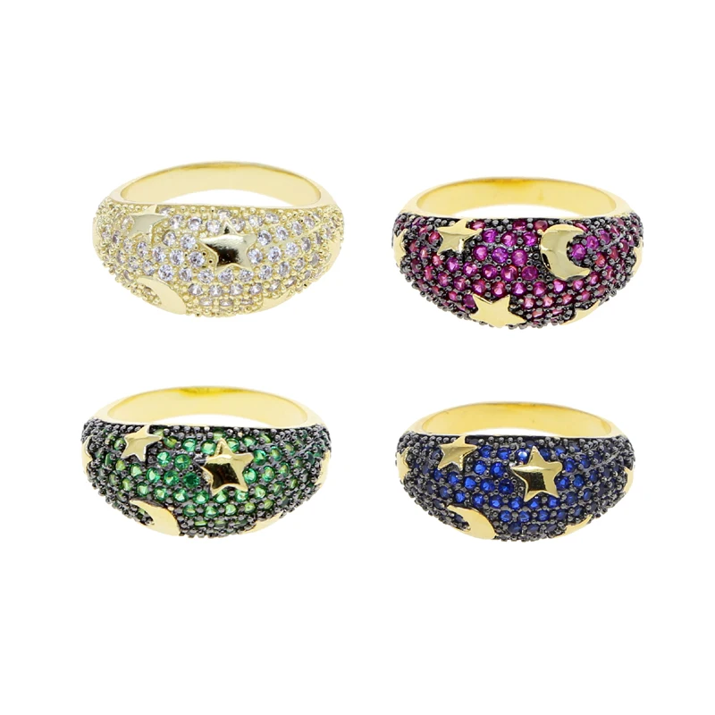 Moon Star Zirconia CZ Women Finger Chunky Band Rings 18K Gold Plated Ring Jewelry Accessories