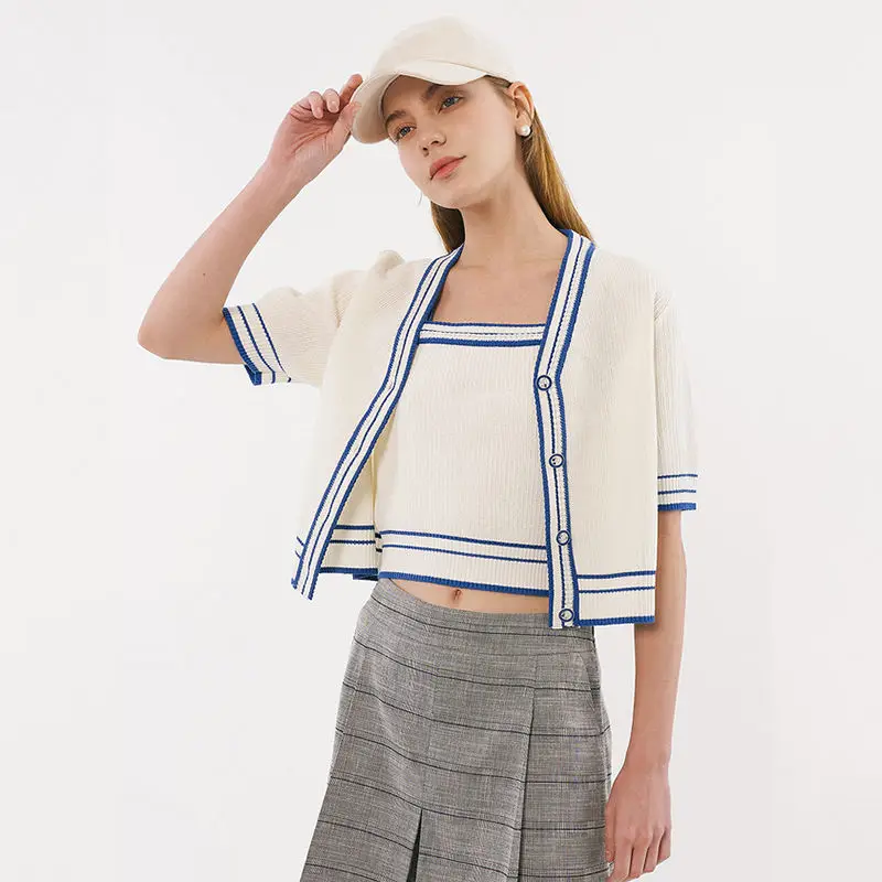 Factory casual knitted short sleeve sweater set woman short cardigan vest tank top sweater set for women