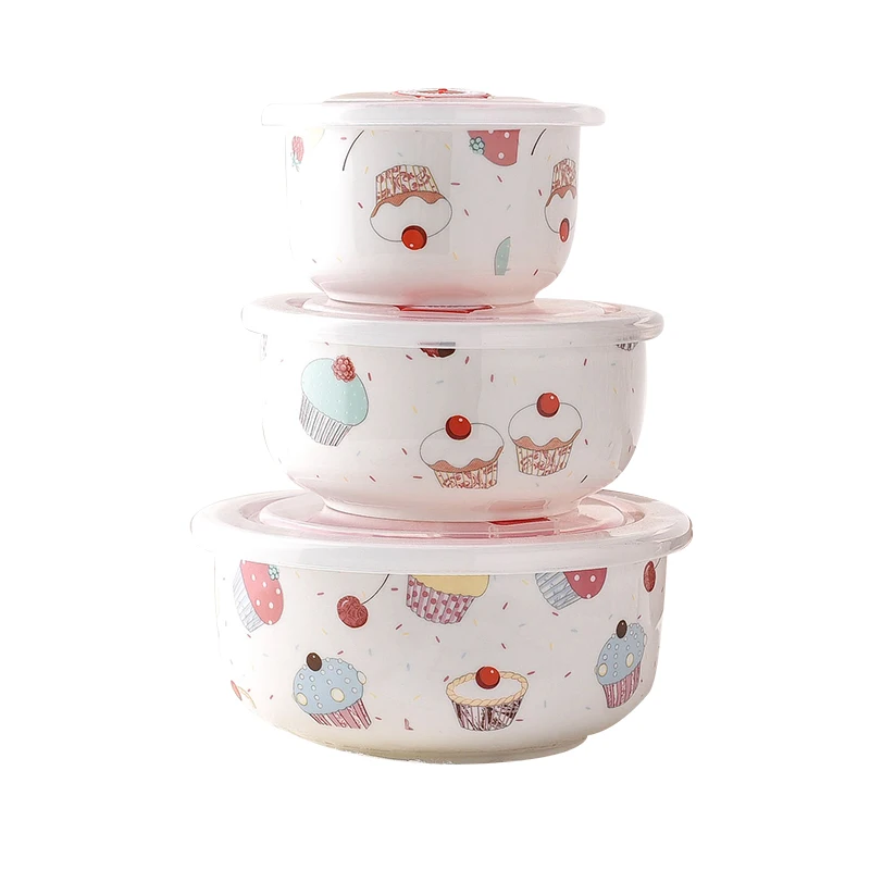hot selling ceramic bowl sets of 3pcs bowls white ceramic bowl with ice cream and cupcake design