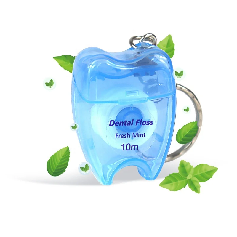 ISO Approved Bulk OEM Mint Flavor Oral Hygiene 10m Tooth Shape Keychain box Flosser Dental Floss