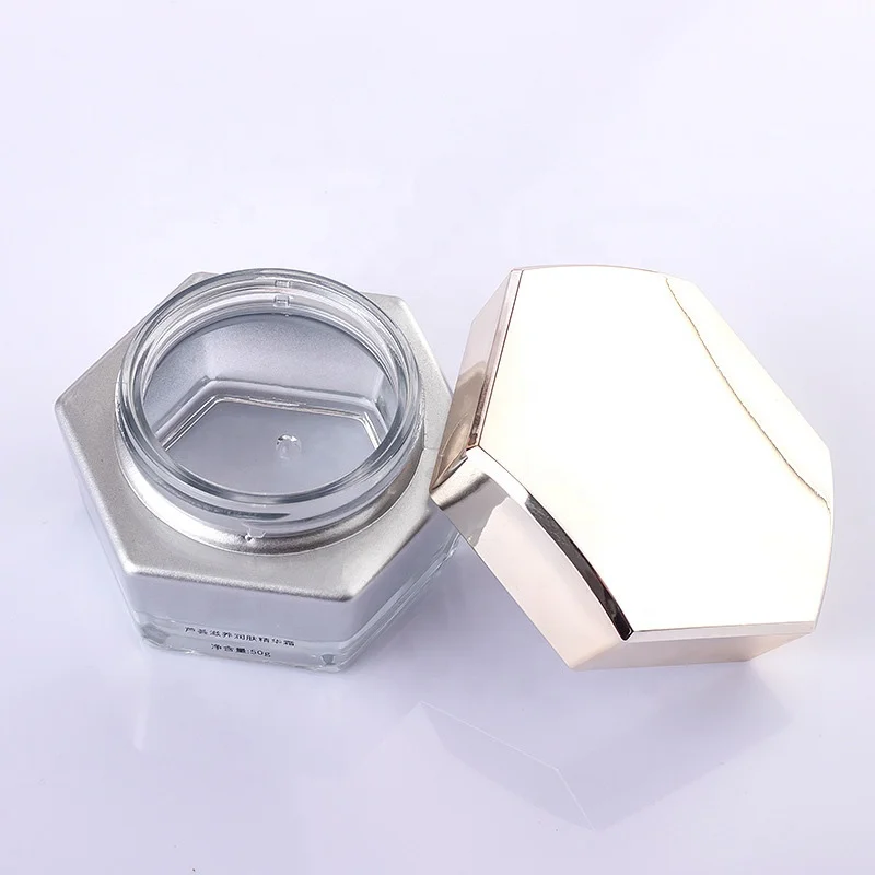 Luxury hexagon cosmetic glass pump bottle set skin care series face cream jar cosmetic packaging hexagon glass lotion bottle