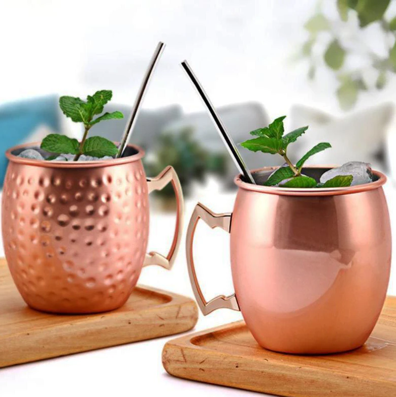 550ml Stainless Steel Hammered Moscow Mule Mug Copper Mugs 2 Shot Beer Glasses Set With Straws Opener