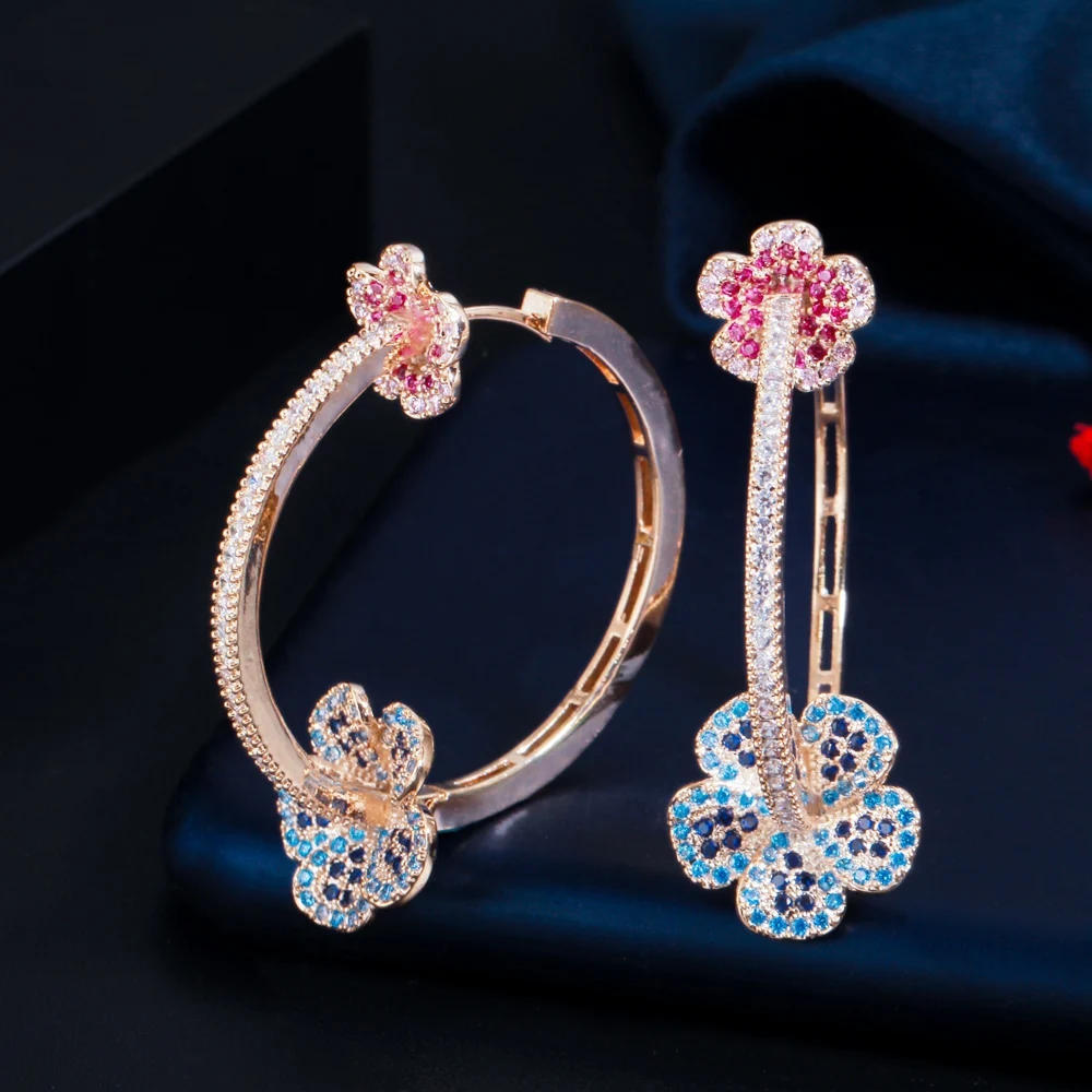 Beautiful Elegant Micro Pave Blue Red CZ Light Gold Plated Big Round Flower Shape Hoop Earrings for Women Jewelry Gift
