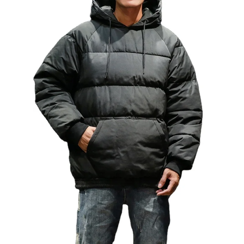 
Hot Winter Thick Loose Waterproof Sidekick Nylon Plain Black Kangaroo Pocket Windbreaker Pullover Puffer Jacket Down Hooded Men 