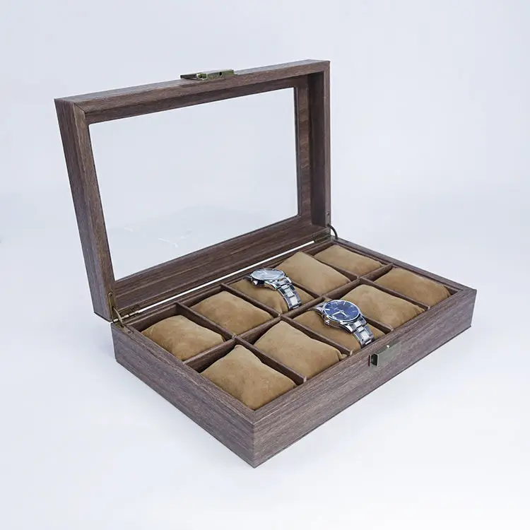 High-Grade Wrap Wooden Texture PU Leather Watch Box With Glass Window 10  Slots Watches Storage Cases