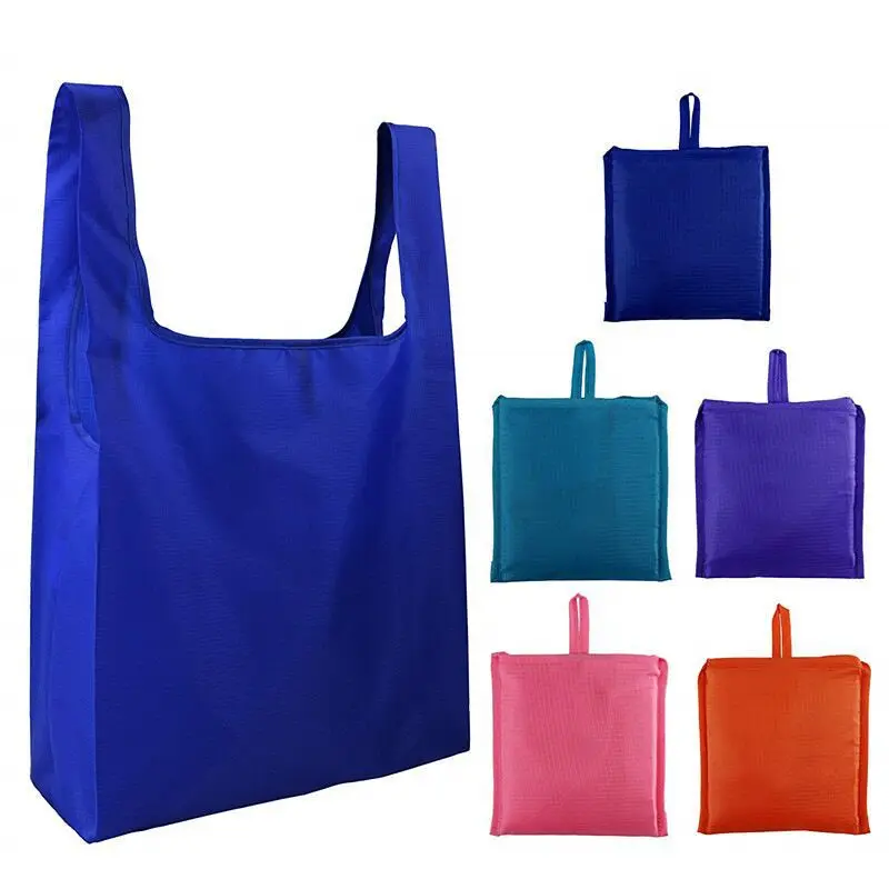 factory direct promotional portable foldable 210d polyester nylon large vest grocery bag shopping bag with logo customized