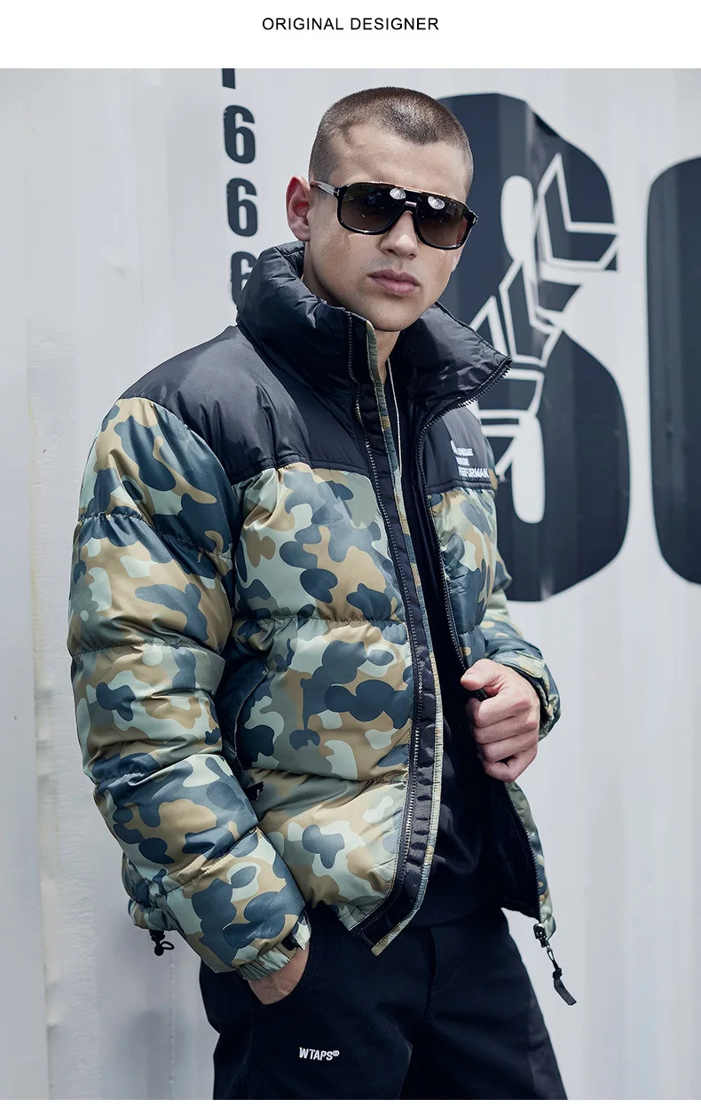Wholesale Custom Winter Windbreaker Bomber Jackets Coats Camo Puffer Cotton Padded Bubble Down with Hoodie Canvas Woven for Men