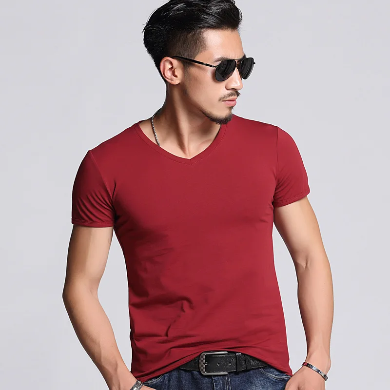 C Deep V Neck T Shirt For Men Low Cut Vneck Wide Vee Tee Male Tshirt Invisible Undershirt Model Scoop Hem Slim Fit Short Sleeve
